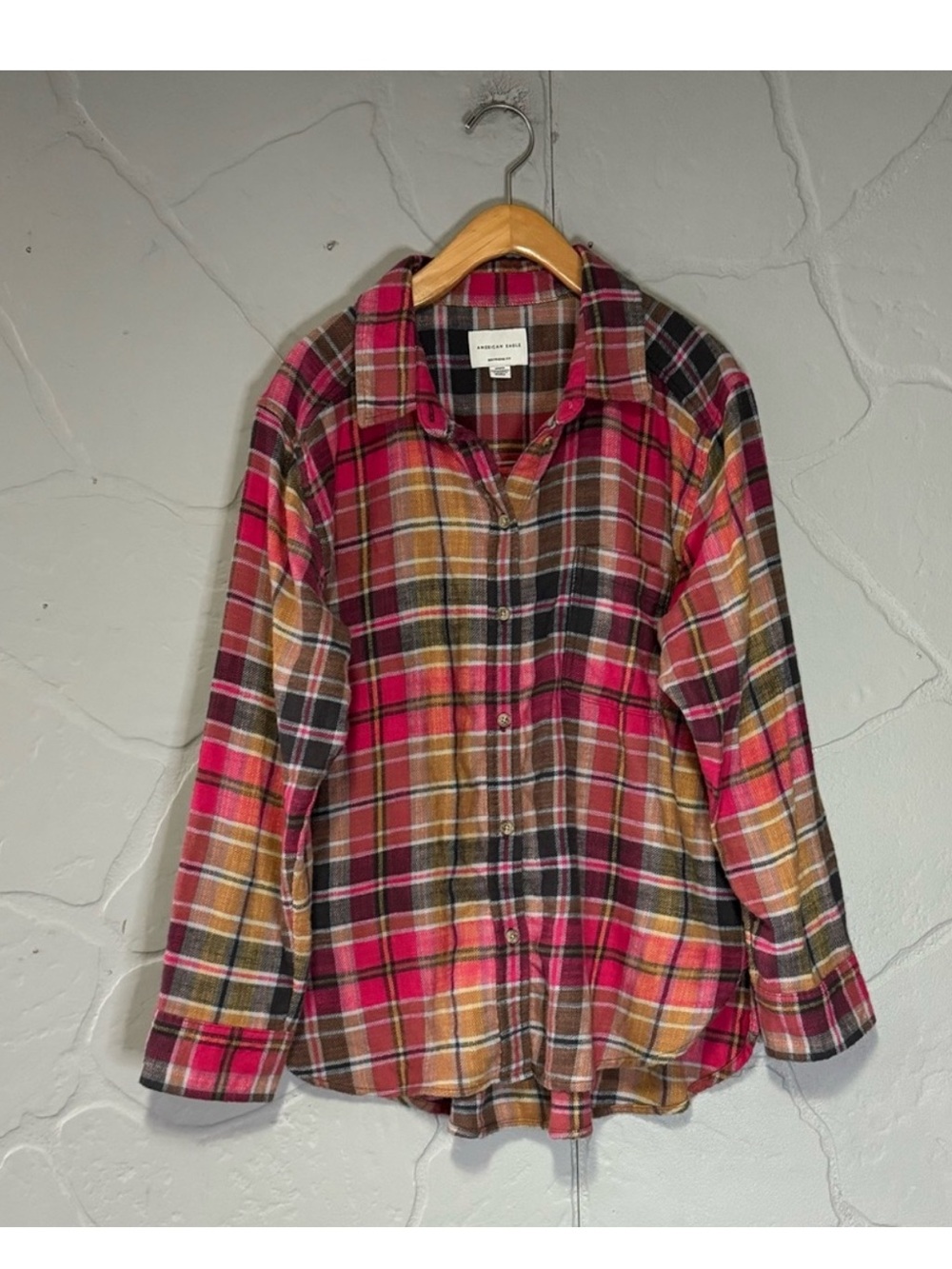 American Eagle Boyfriend Fit Pink Brown Plaid Flannel Button Down Shirt M